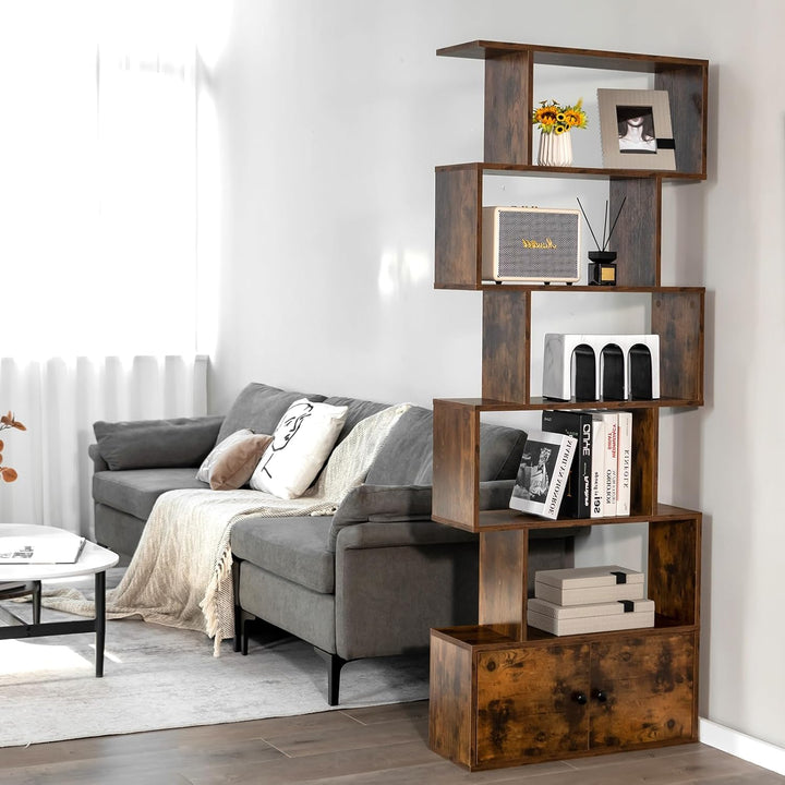 HOMASIS Bücherregal mit 5 Ebenen, Standregal mit Schrank & 2 Türen, Aufbewahrungsregal aus Holz, Wan
