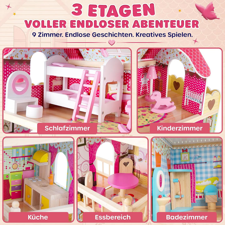 Kinderplay Puppenhaus Holz Gross, Puppenvilla, Puppenhaus Holz Gross komplett - Barbie Traumvilla, B