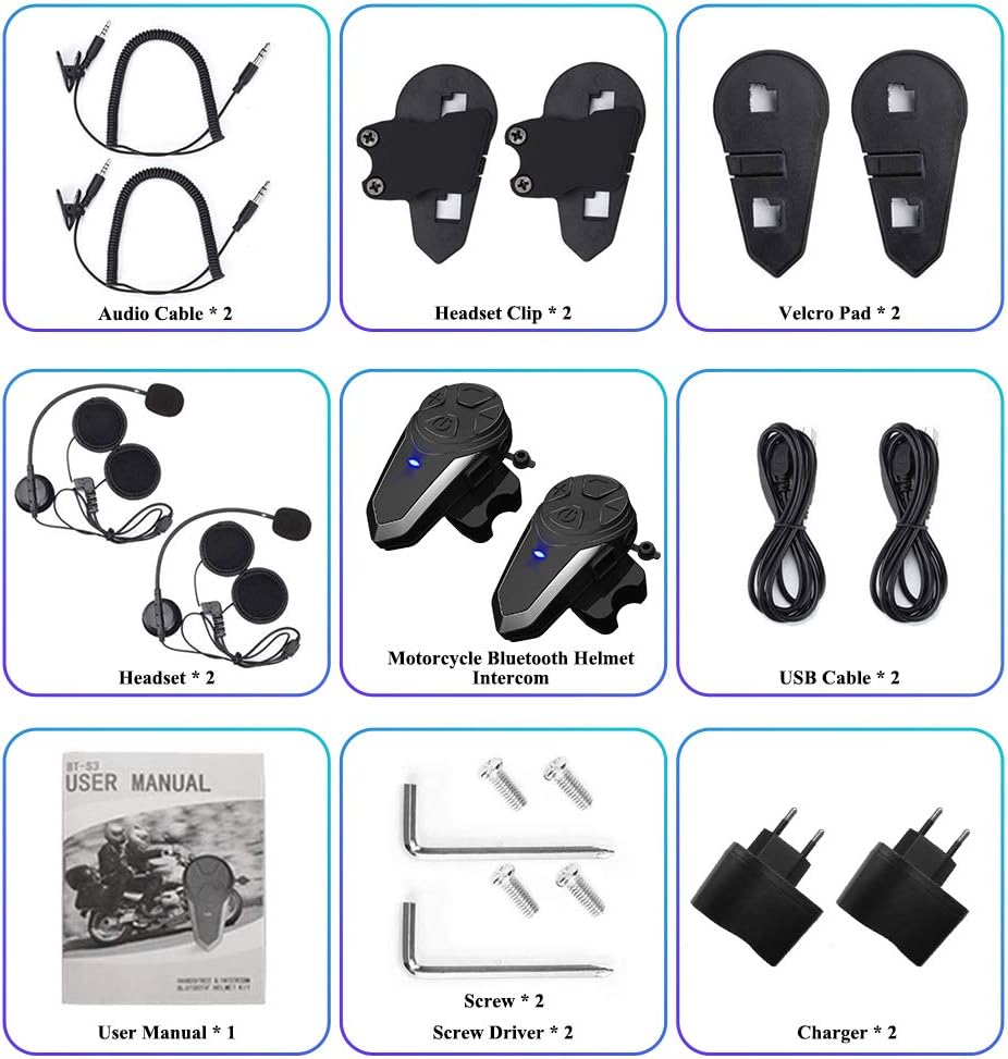 vFound BT-S3 1000m Motorrad-Intercom-Helm-Headset Echtzeit-Kommunikationssysteme Freisprech-FM-Radio