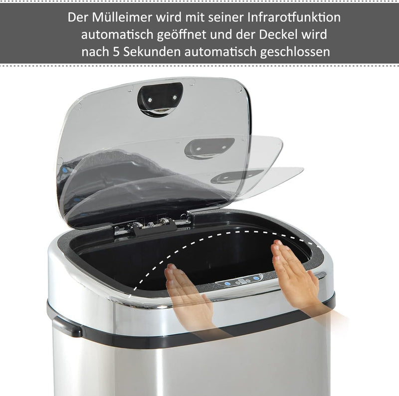 HOMCOM Mülleimer Automatik mit Sensor Abfalleimer Küche Edelstahl Silber (68L), 68L