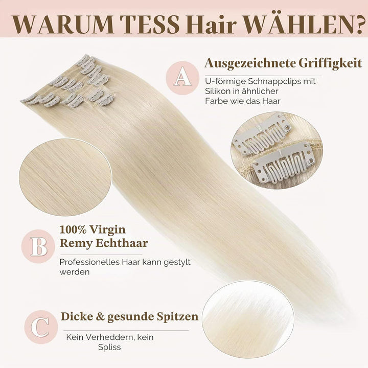 TESS Clip in Extensions Echthaar, 8pcs Clip in Haarverlängerung Remy Echt Haare Natürliche 18 Clips