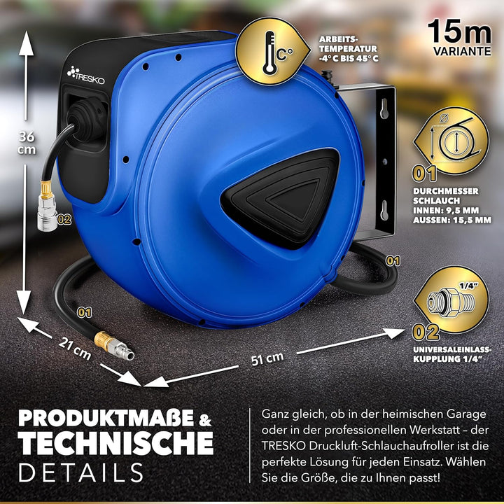 TRESKO® 15m Druckluftschlauch Aufroller automatisch 1/4" Anschluss | Schlauchtrommel Wandschlauchhal