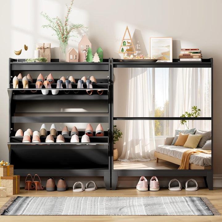 Vlsrka Schuhschrank mit Spiegel, Schuhschrank Holz mit 2 Klappen, Schuhkipper Schmal für 16 Paar Sch