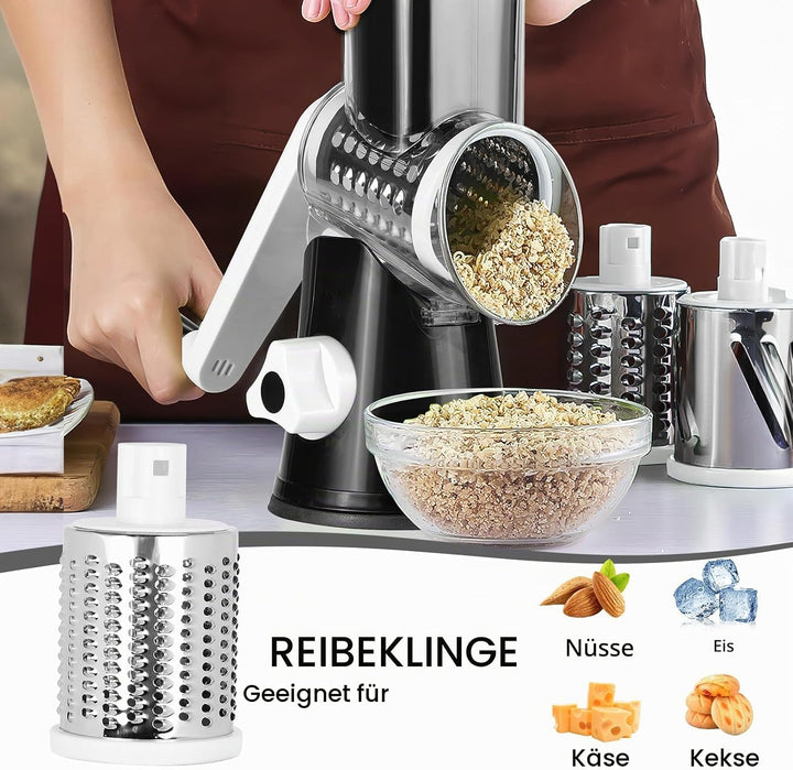 Dreamhigh® Käsereibe mit Kurbel, Gemüseschneider 3 Edelstahl Austauschbaren Trommelklingen, Manuelle