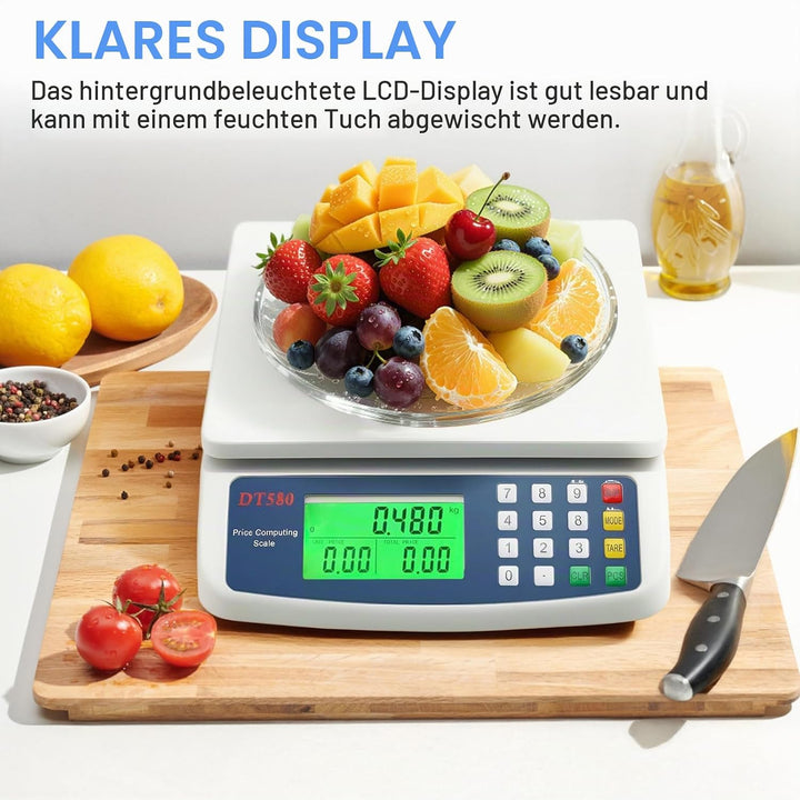 Küchenwaage digital 40kg, Gross Preisberechnungswaage Produktwaage mit LCD-Display und Tara Funktion