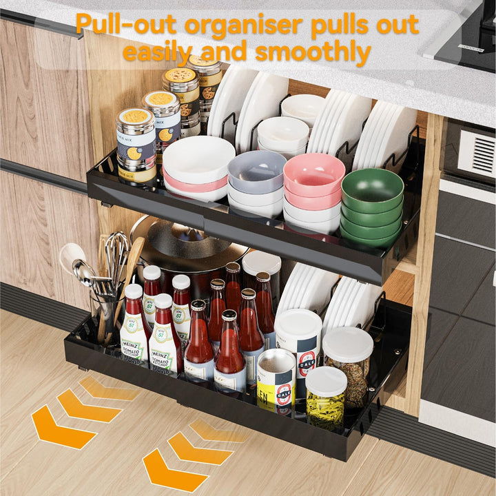 2 Pack erweiterbar Pull Out Cabinet Organizer Adhesive mit 8 Geschirrhalter, Pull Out Regale für Küc