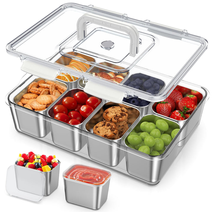 JINDUN Snackbox mit 8 Edelstahl Fächern, Snackteller mit Griff und 8 Einzelnen Deckeln, Verhindert G