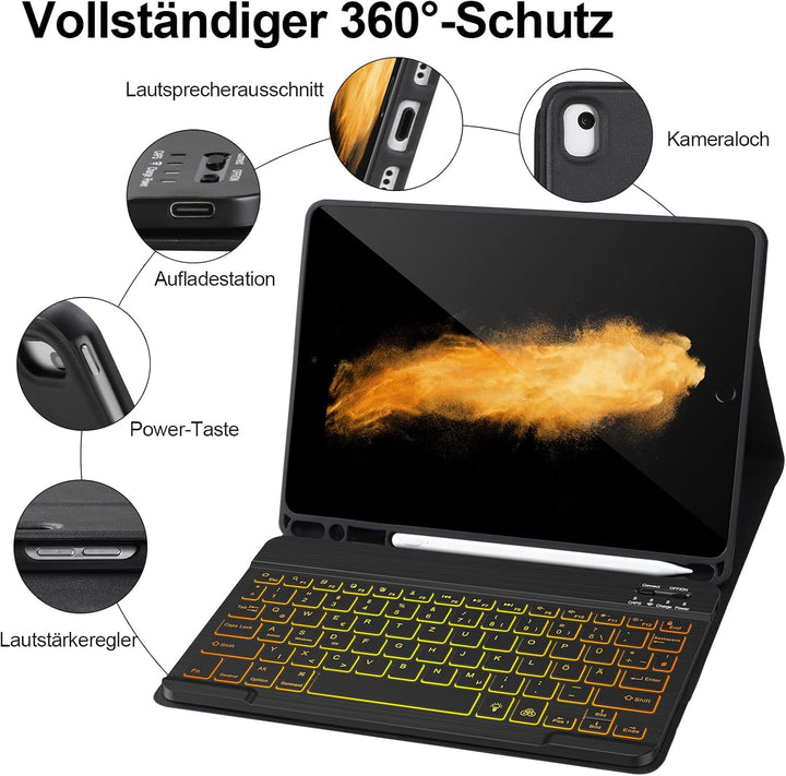 APHBZGE Tastatur Hülle für iPad 9/8/7. Generation 10,2 Zoll, abnehmbare Hülle mit Bluetooth-Tastatur