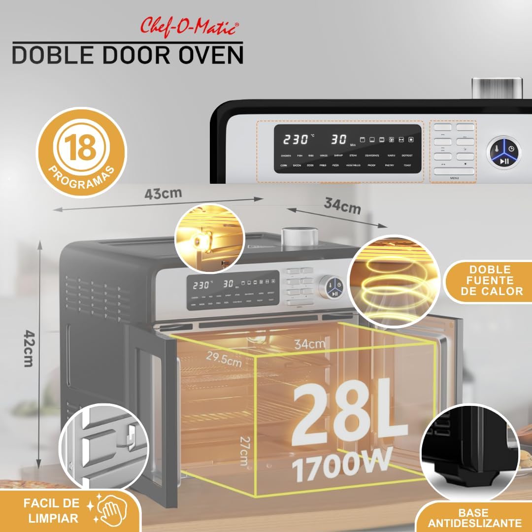STARLYF Doble Door Oven Heissluftofen 28L | Doppeltür, 18 Programme, 1700W, Grill, Drehspiess, Dörrg