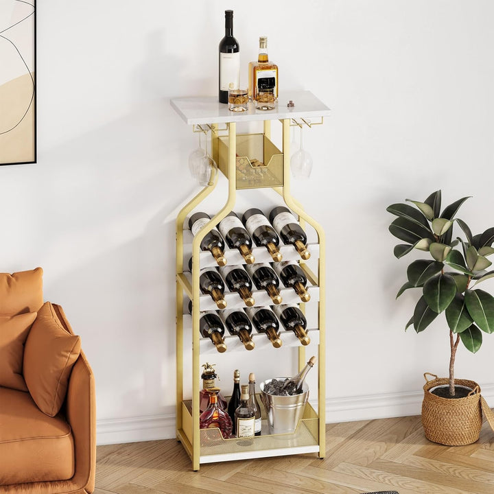 Garvee Weinregal Gold mit Glashalter, freistehendes Flaschenregal für 12 Flaschen, schmales Barregal