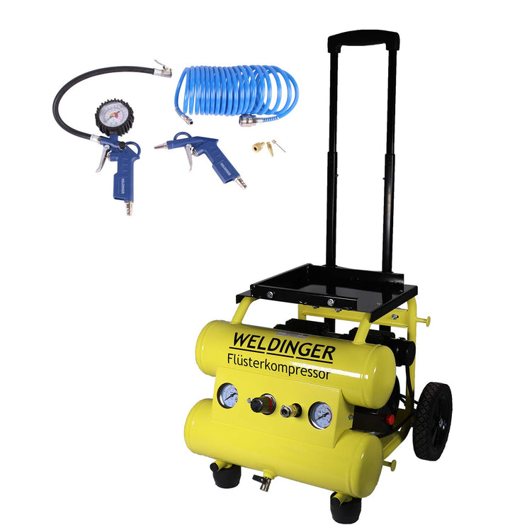 Aktionsset WELDINGER Flüsterkompressor FK 95 pro mobile 750 W innenbeschichteter Tank + Druckluftset