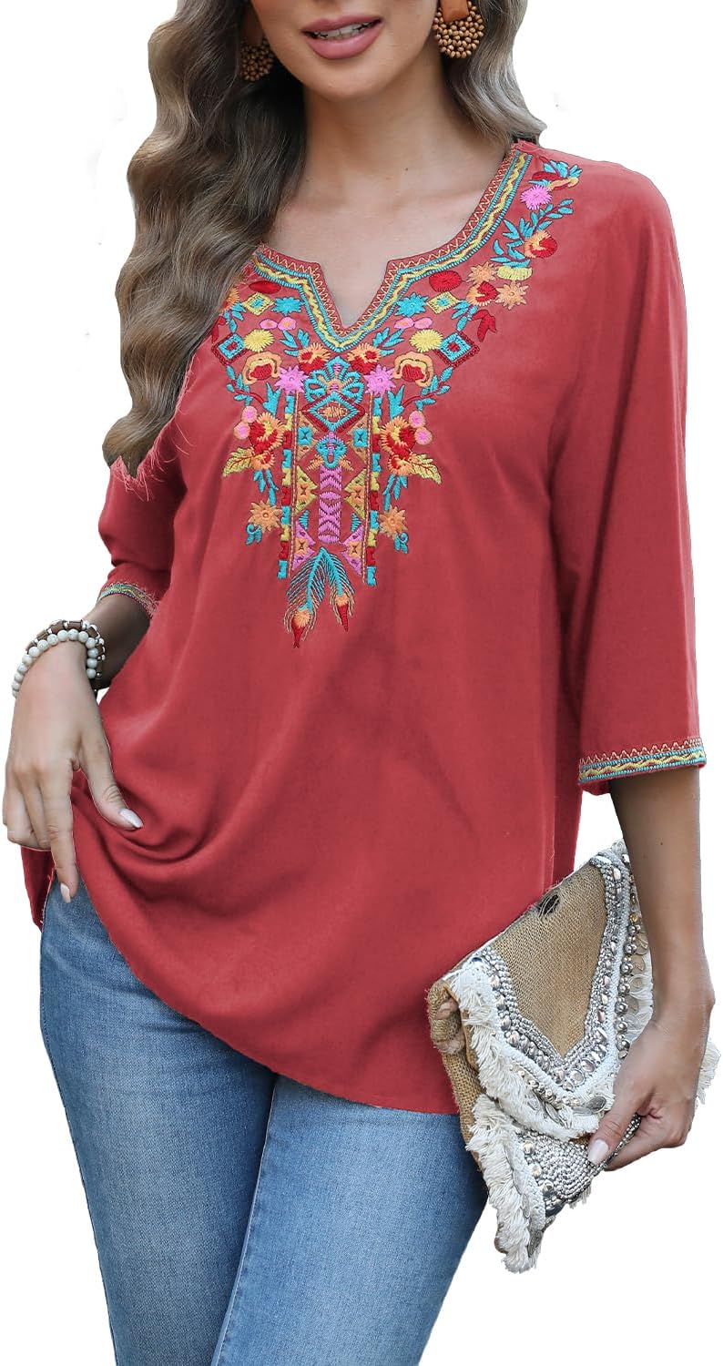 Seasonal Boho Tunika Damen Sommer Mexikanische Blumen Bestickt V-Ausschnitt Top 3/4 Ärmel Hippie Los