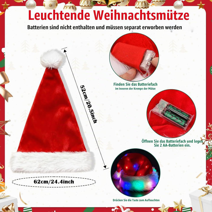 Hifot LED Weihnachtsmütze Erwachsene Nikolausmütze Plüsche Weihnachtsmann Mütze mit Licht Rote Santa