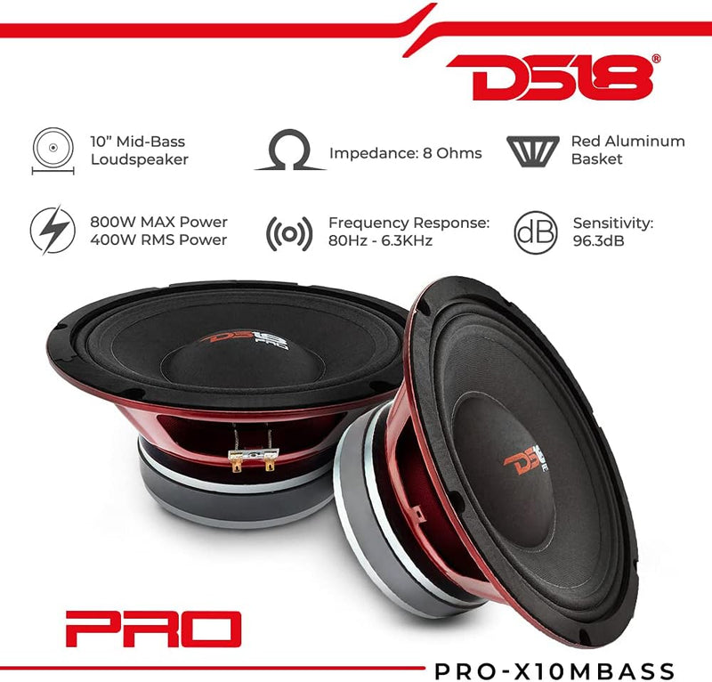 DS18 Car Midrange Speaker 10" Inch 800w Watt 8Ohm Bass Loudspeaker PRO-X10MBASS