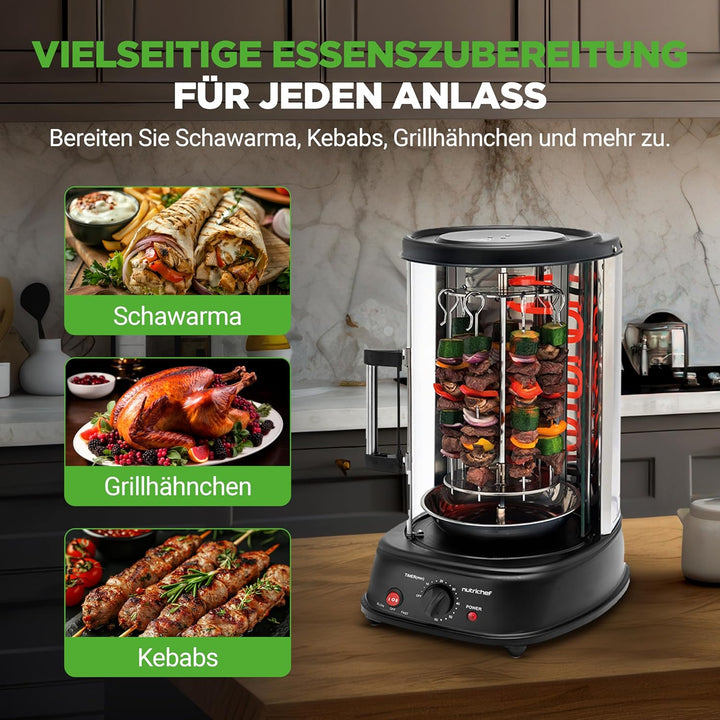 NutriChef Heissluft-Multiofen mit Drehspiess – 21L Mini-Backofen mit Umluft und Grillfunktion Dönerg