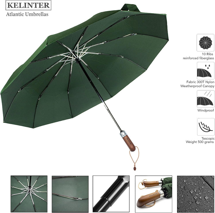 KELINTER Automatischer Klappschirm - 10 Verstärkte Streben, Teflon 300T, Windsicher, Holzgriff Ergon