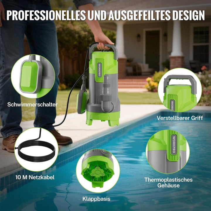 WORKPRO Schmutzwasserpumpe, 700W Tauchpumpe mit Fördermenge 17.000 l/h, Wasserpumpe mit Schwimmersch