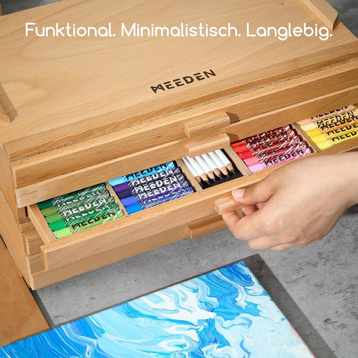 MEEDEN Aufbewahrungsbox für Künstlerbedarf: 3-stufige Kunstbox aus Massivem Buchenholz für Künstlerb