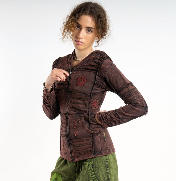 GURU SHOP Goa Patchwork Jacke, Kapuzenjacke, Damen, Baumwolle, 38 dunkelbraun