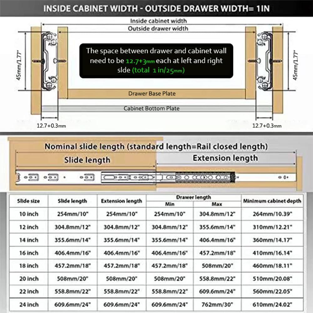2 Paar Kugelauszug,400 mm Schubladenschienen Vollauszug 45 kg Tragkraft Schubladenauszug, Kugellager