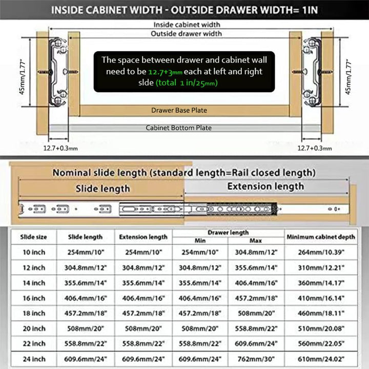 2 Paar Kugelauszug,400 mm Schubladenschienen Vollauszug 45 kg Tragkraft Schubladenauszug, Kugellager