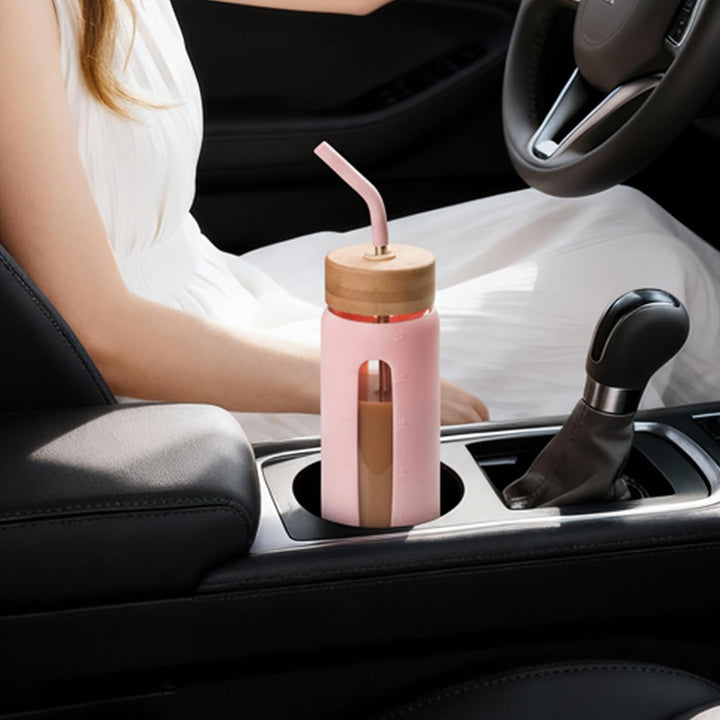 BLUEGO 600ml Glaswasserflasche mit Strohhalm und 2 Deckeln Kaffeetasse aus Glas mit Zeitmarkierung u