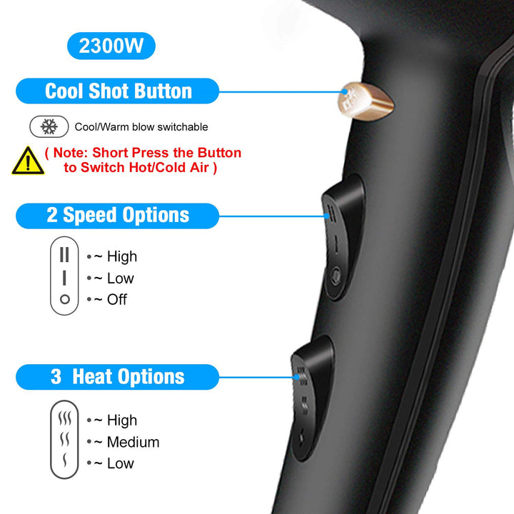 2300W Profi Föhn Ionen Technologie Salon Haartrockner mit Diffusor StylingDüse, CONFU Professional F