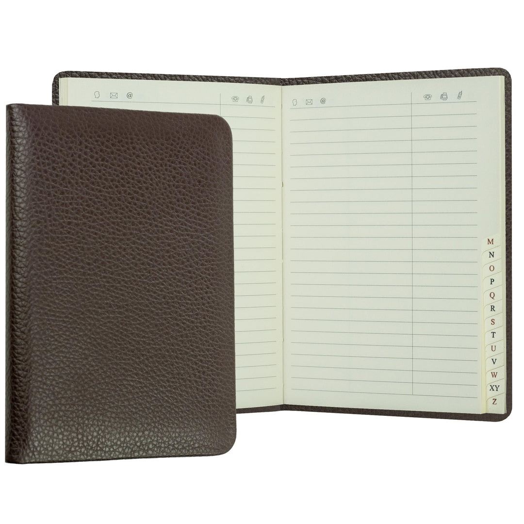 DELMON VARONE - Personalisierbares Adressbuch DIN A6 gebunden mit A-Z Register Soft Grain Leder brau