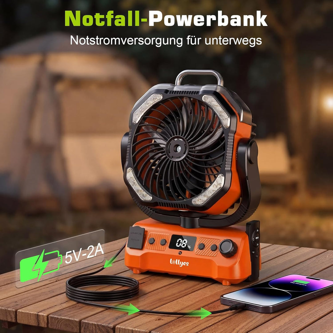 20000mAh Camping Ventilator Akku mit Licht, 0-100 Stufen Regelbar Outdoor Ventilator mit Sprühfunkti