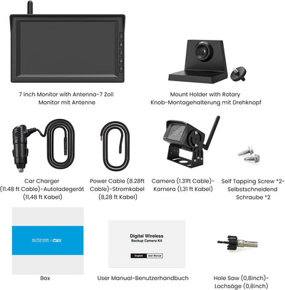 AUTO-VOX W10 Kabellos Digital Rückfahrkamera Set mit 7‘’ Split-Screen Monitor, Infrarot-Nachtsicht-R