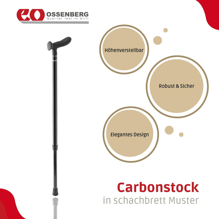 Ossenberg Carbonstock in Schachbrett Muster - schwarz glänzend - mit Cosy Griff - Verstellbarer Carb