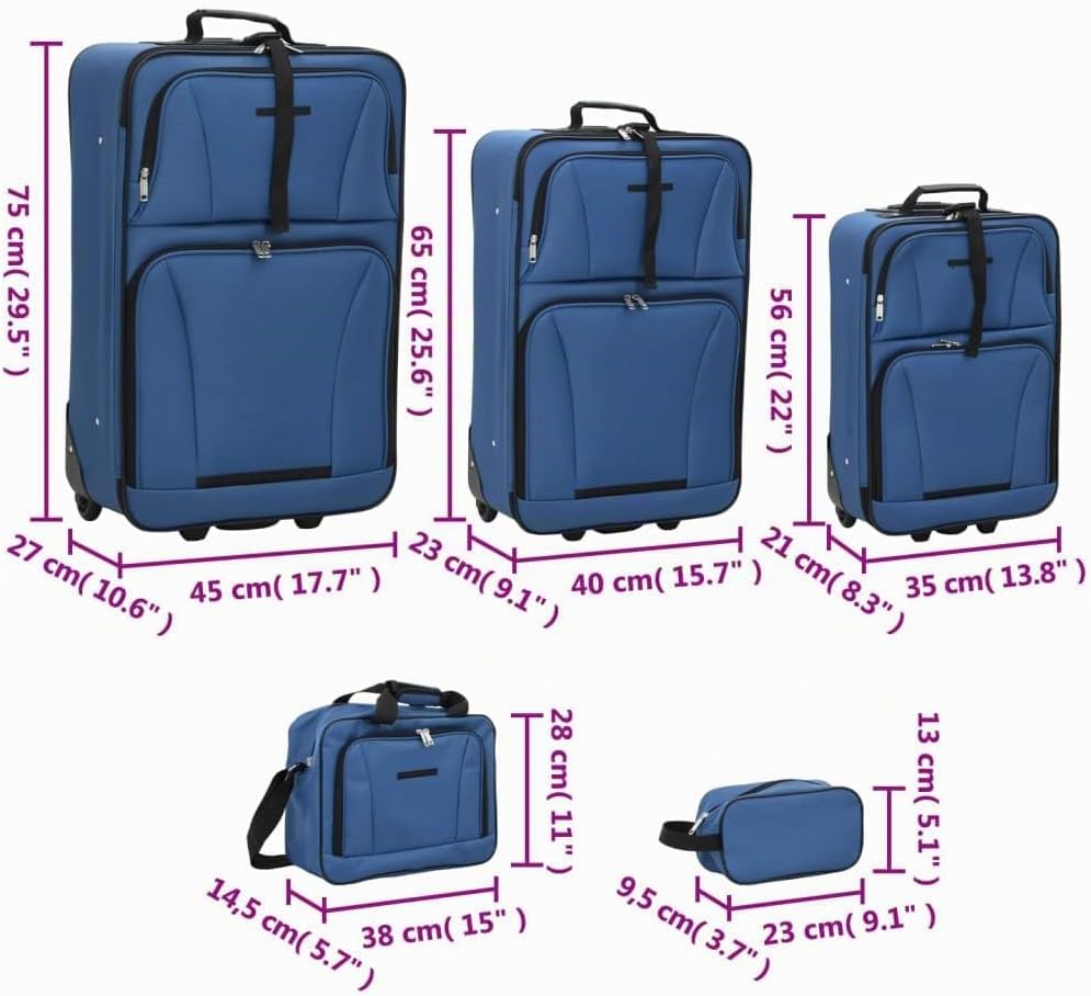 vidaXL Reisekoffer Set 5-TLG., Kofferset mit 3 Rollkoffern Reisetasche Kulturtasche, Hartschalenkoff