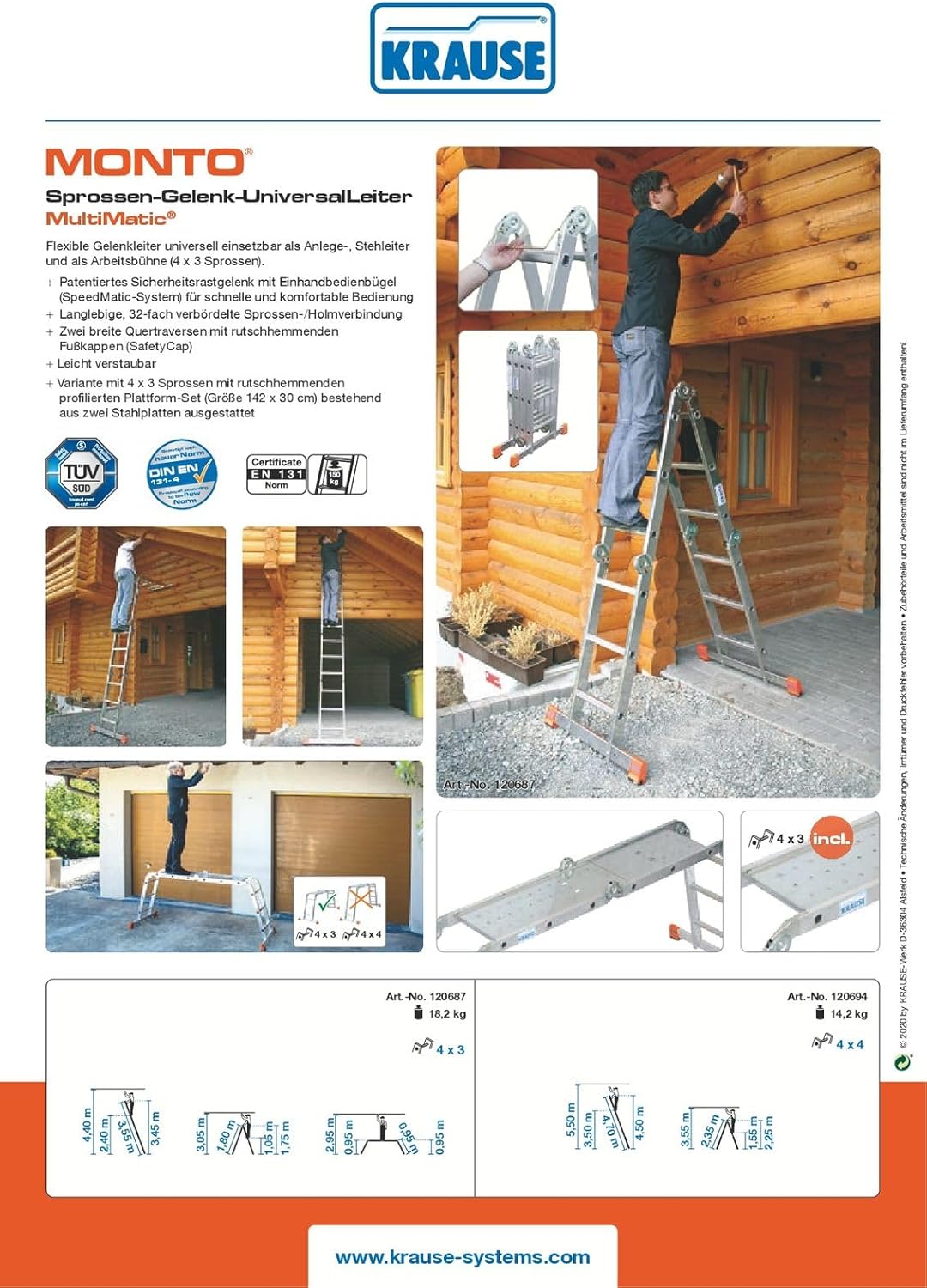 Krause Alu-Sprossengelenkleiter MultiMaticÃ‚ 4x3 Sprossen mit Plattform - Leichte Klappleiter mit Tr