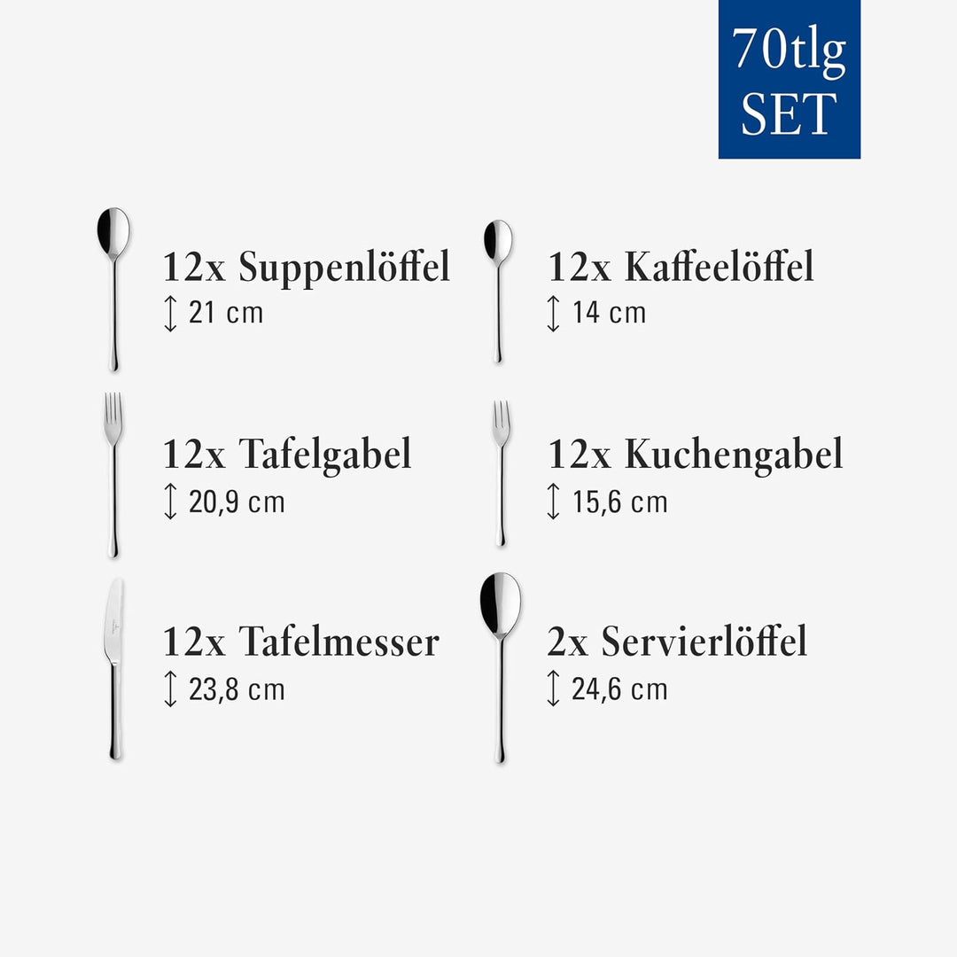 Villeroy &amp; Boch - Udine Besteckset 70-teilig Silber, Spülmaschinenfest, Besteck Set für 12 Personen,