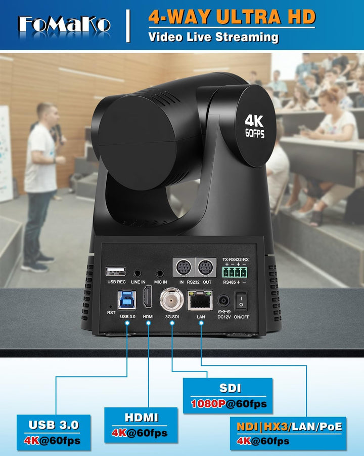 FoMaKo PTZ Kamera 4K 60FPS NDI HX3, 20x Optischer Zoom, Gen 3 KI Auto-Tracking, 3G-SDI/HDMI/NDI/USB/