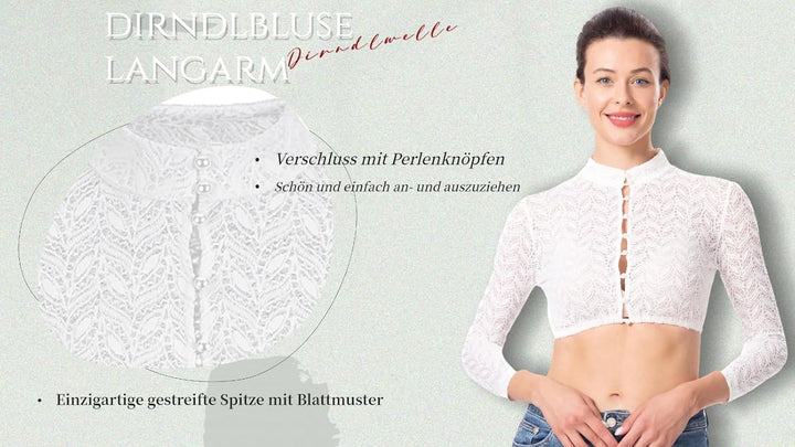 Dirndlwelle Exklusive Trachtenmode Dirndl Bluse Damen Langarm Weiss Schlicht Runder Ausschnitt 3/4 Ä