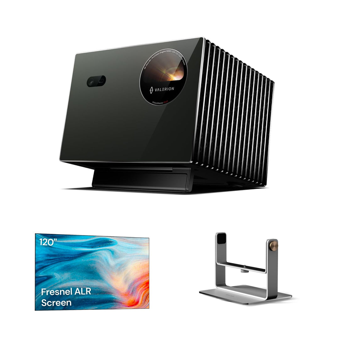 Valerion VisionMaster Pro2 4K Triple-Laser Beamer Bundle mit 120" ALR-Fresnel Leinwand und Desktop-G