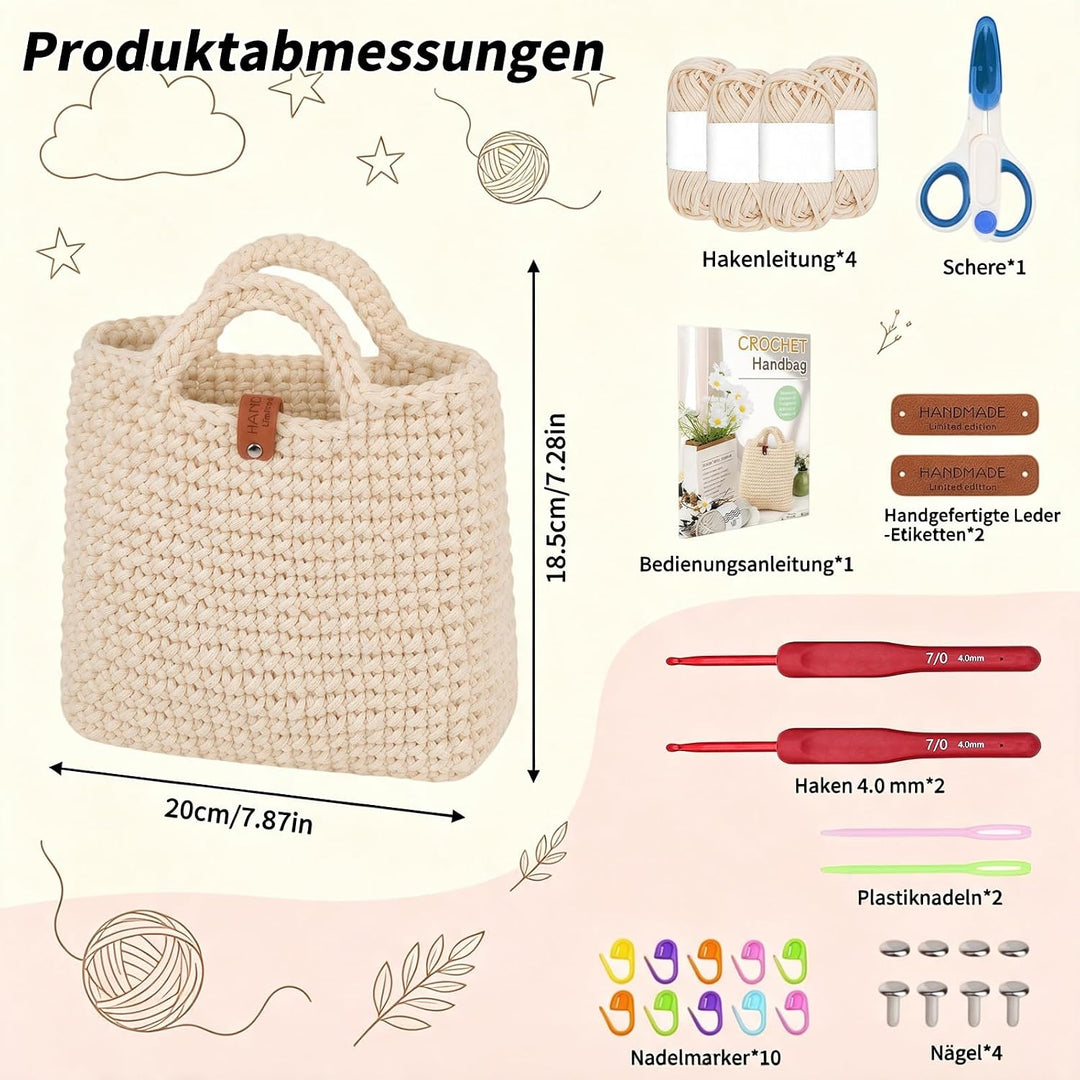 Tasche Häkeln Set, Häkelset Tasche mit Häkelnadel und 4 Knäuel Wolle