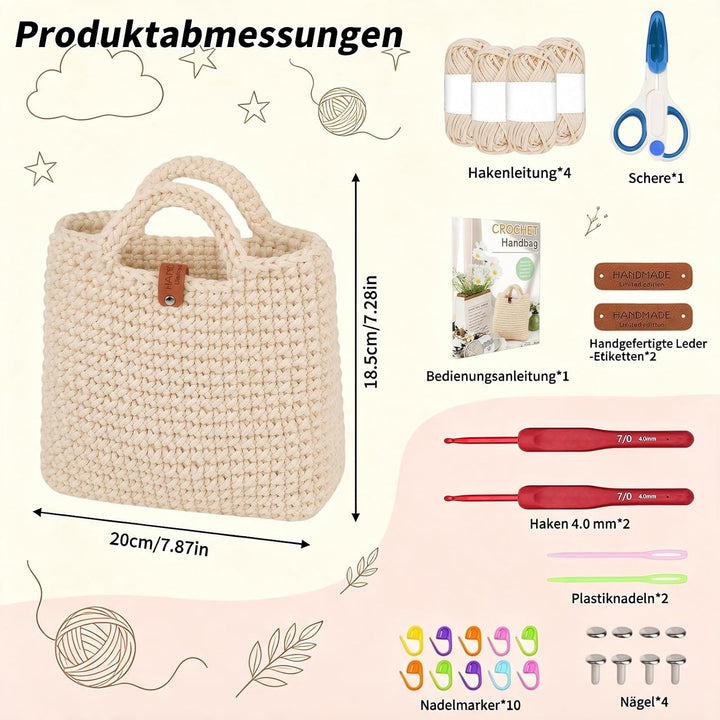 Tasche Häkeln Set, Häkelset Tasche mit Häkelnadel und 4 Knäuel Wolle