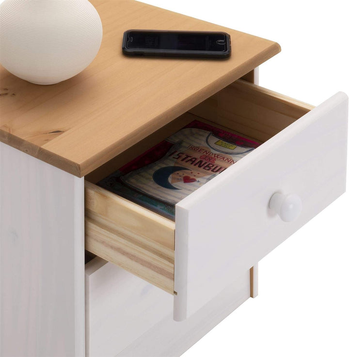 IDIMEX Nachttisch Rondo,Kommode aus Kiefer massiv, weiss/braun lackiert, 2 Schubladen, Landhausstil,
