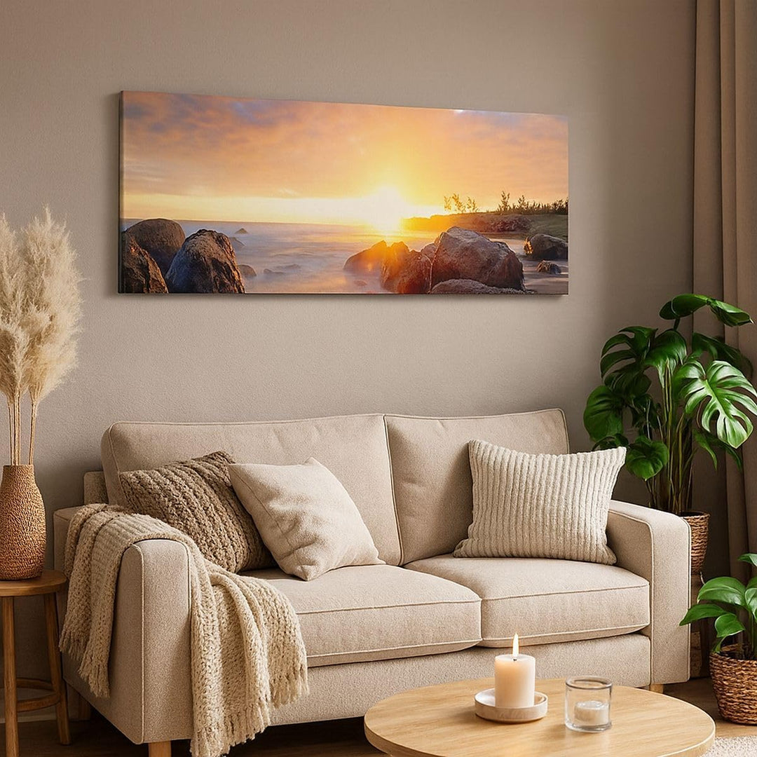 Panorama Bilder auf Leinwand Meer Strand Felsen Leinwandbild 90x30cm Wandbilder Dekoration Wohnzimme