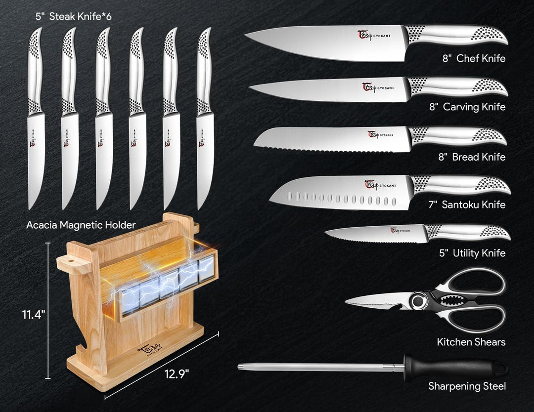Japanisches Küchenmesser Set, magnetisches Messer Set mit Block und Schärfer, Edelstahl-Messerset al