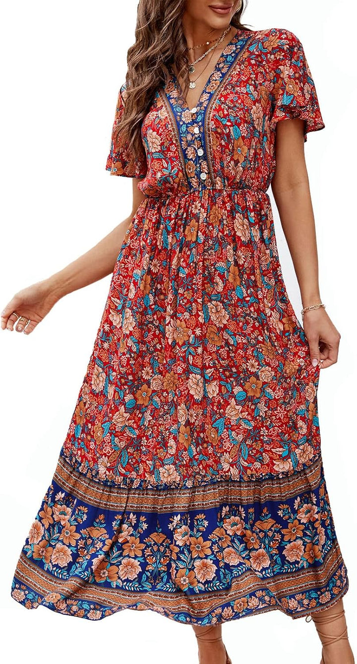 Clearlove Damen Sommerkleid Boho Kurzarm Midi Kleider V-Ausschnitt Strandkleid lang Blumenkleid Rüsc