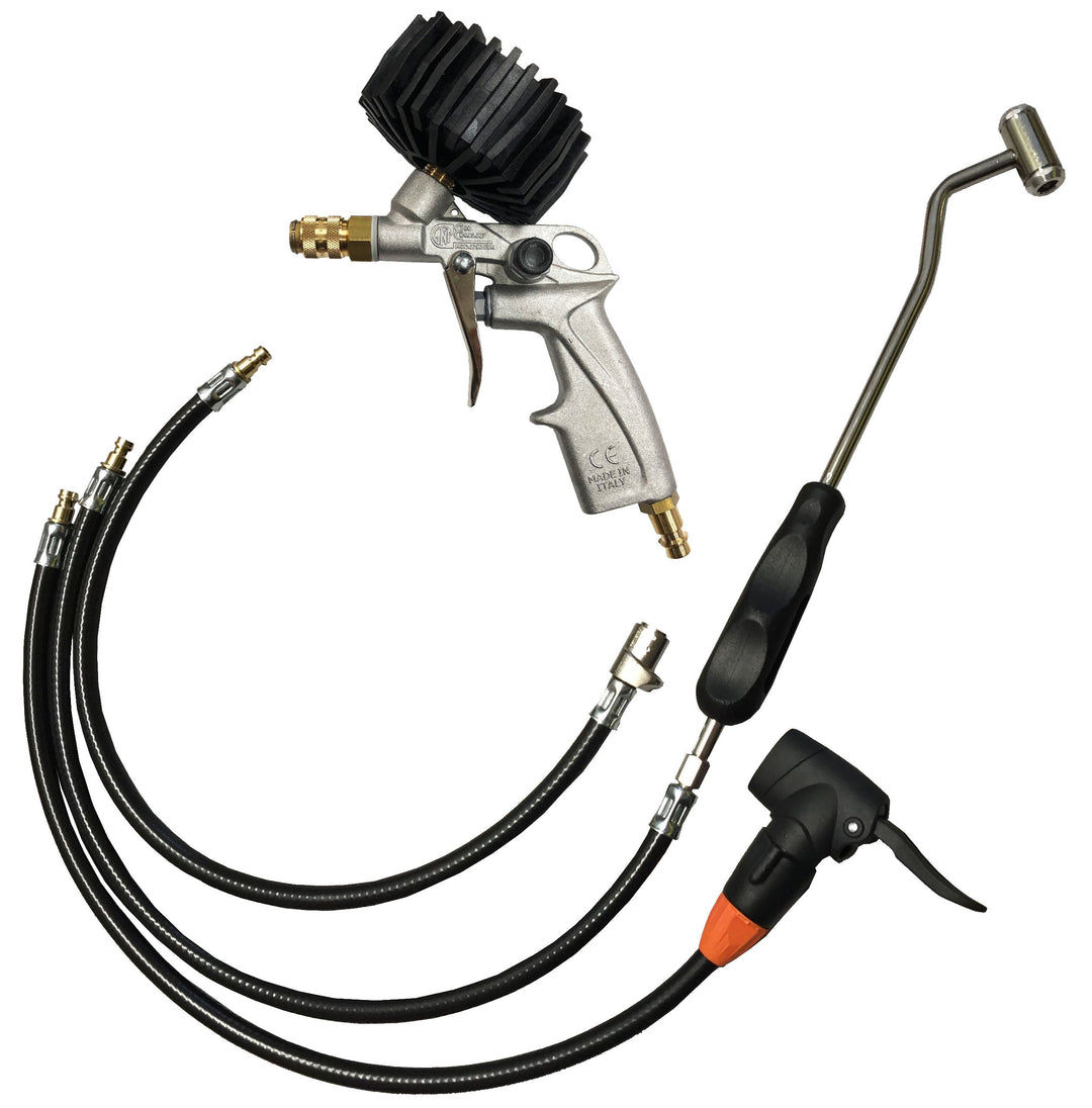 Tyre inflator set with petrol station plug SKS lever plug and patent plug/valve plug