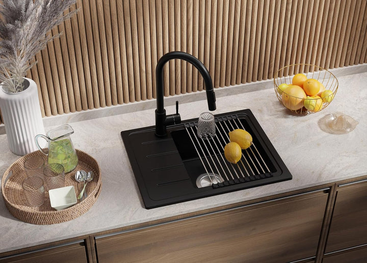 Granitspüle Schwarz 55x44 cm, Spülbecken + Ablauf-Set + Küchenarmatur 9050, Küchenspüle für 45er Unt