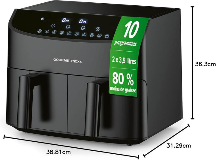 GOURMETmaxx Doppelkammer-Heissluftfritteuse 2x 3,5L - Schwarz | Airfryer + synchronisierte Garzonen,