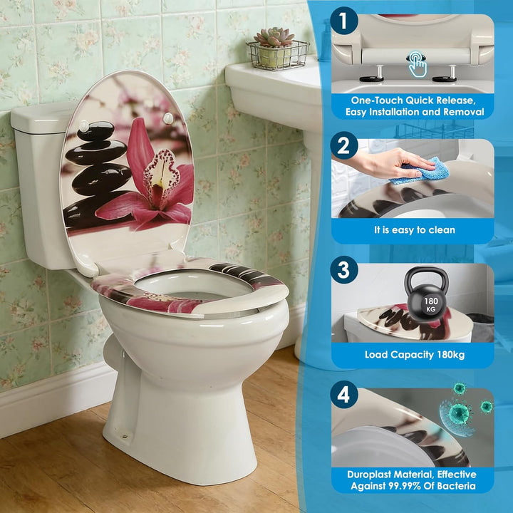 Duroplast-Toilettensitz, O-förmiger Toilettendeckel mit Soft-Close-Mechanismus, Edelstahlscharnier,