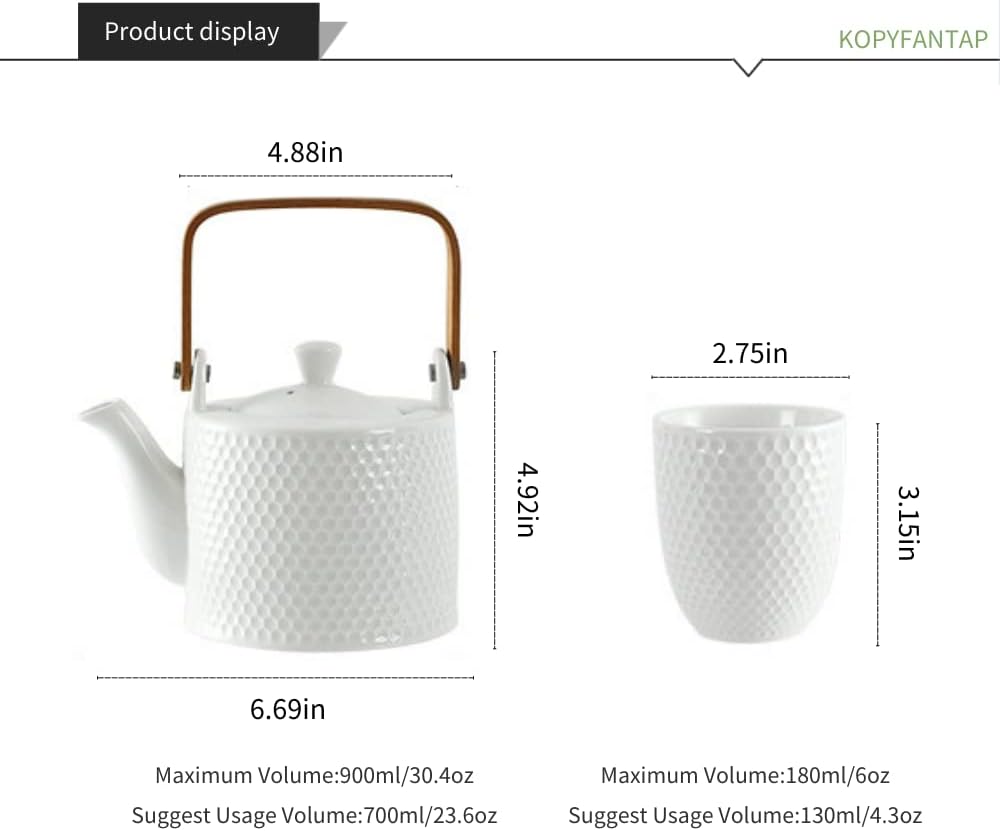 Teekanne Keramik Weiss, Japanisches Tee Set Vintage, Porzellan Teeservice mit Sieb 900ml mit 4 Teeta