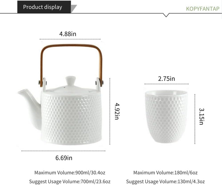 Teekanne Keramik Weiss, Japanisches Tee Set Vintage, Porzellan Teeservice mit Sieb 900ml mit 4 Teeta