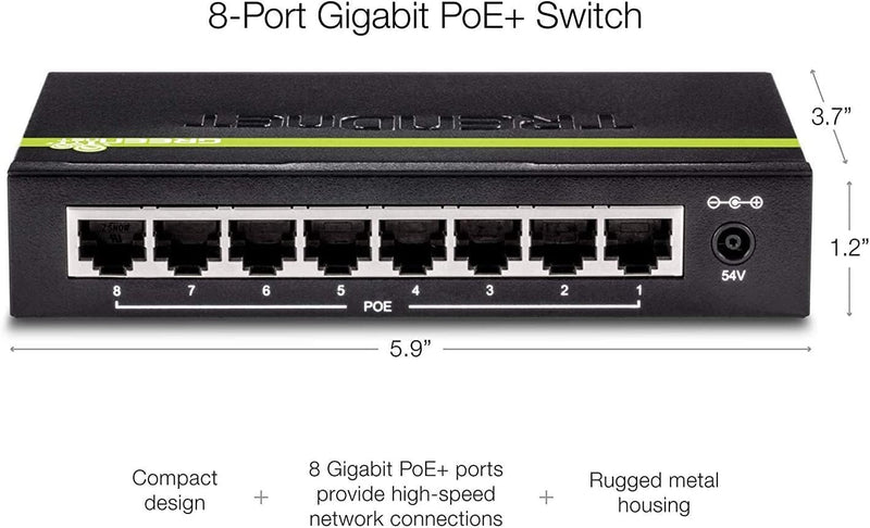 TRENDnet TPE-TG82G 8-Port GREENnet Gigabit PoE+ Switch, 61W PoE Leistung, 16 Gbit/s Schaltkapazität,